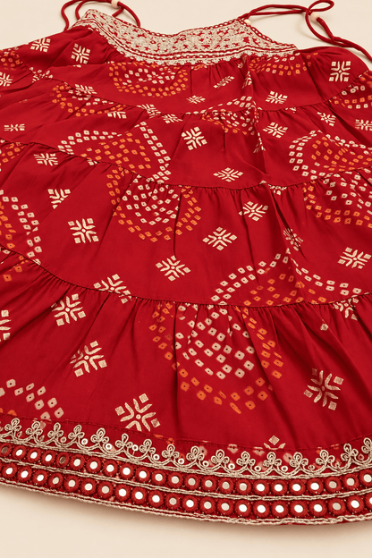 Girls Red Bandhani Embroidered Kurta, Pajama & Dupatta 3-Piece Set | Kids Festive Ethnic Wear