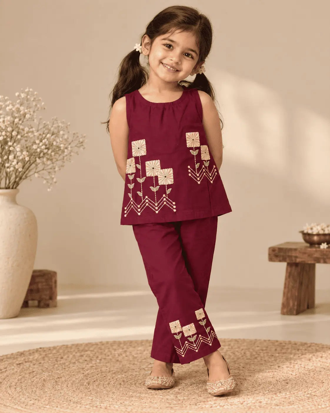 Girls Burgundy Embroidered Top & Pant Set | 2-Piece Festive Wear for Kids
