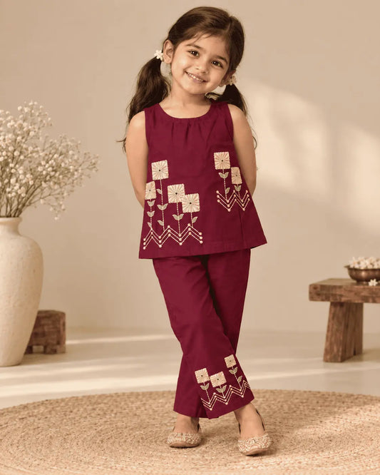 Girls Burgundy Embroidered Top & Pant Set | 2-Piece Festive Wear for Kids