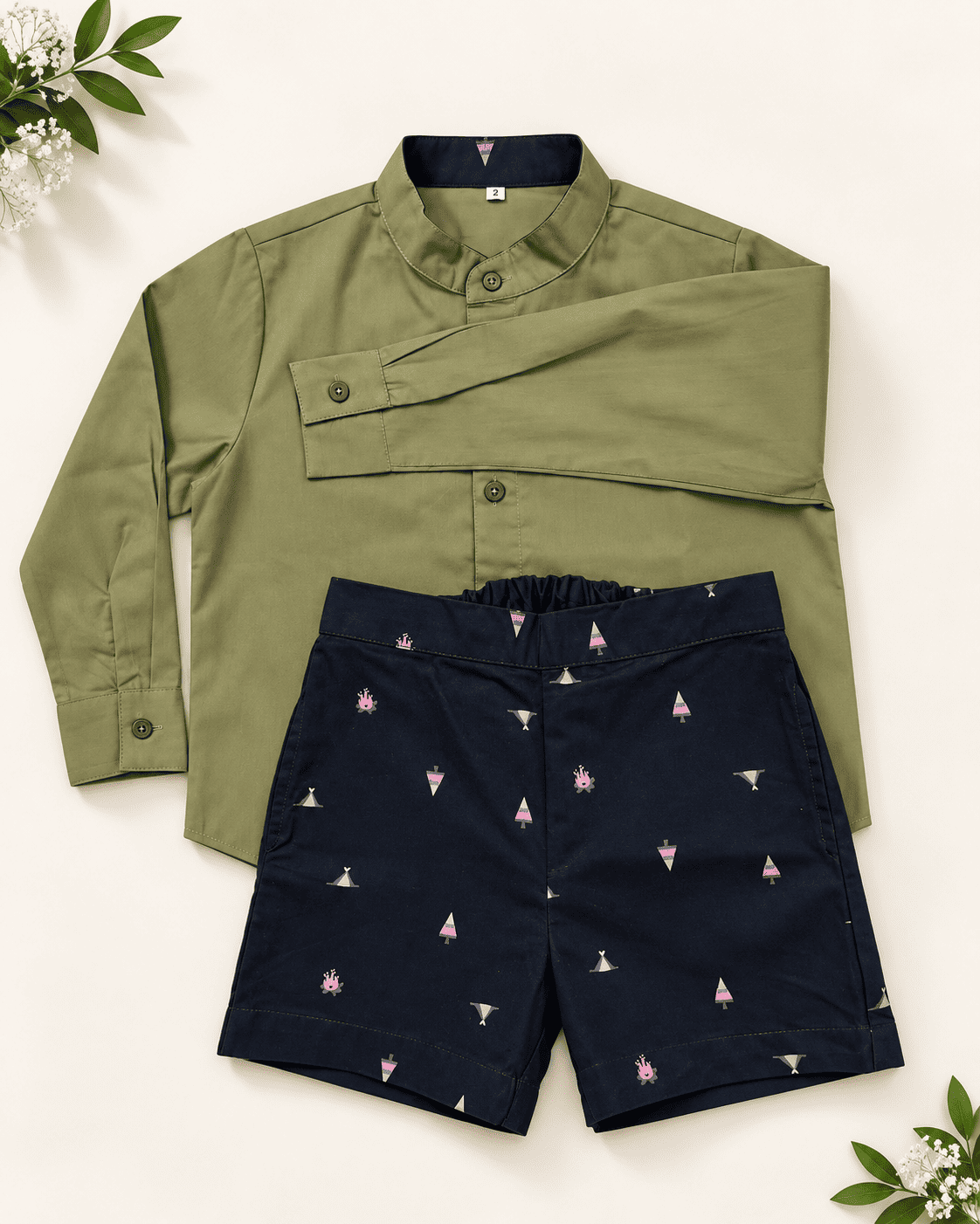 Boys Olive Green Poplin Shirt & Printed Navy Shorts Set | Kids Casual Co-ord Outfit