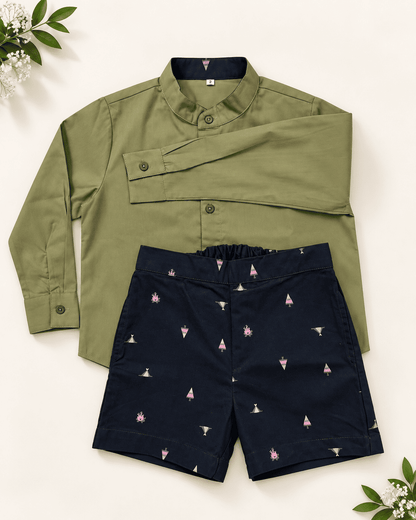 Boys Olive Green Poplin Shirt & Printed Navy Shorts Set | Kids Casual Co-ord Outfit