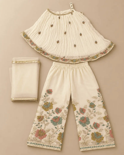 Girls Ivory Floral Embroidered Sharara Set with Dupatta | 3-Piece Kids Ethnic Wear for Wedding, Diwali & Festive Wear