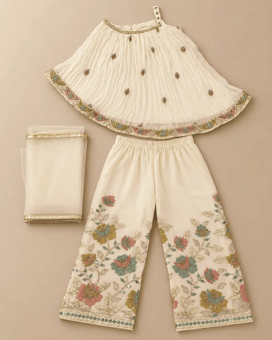 Girls Ivory Floral Embroidered Sharara Set with Dupatta | 3-Piece Kids Ethnic Wear for Wedding, Diwali & Festive Wear