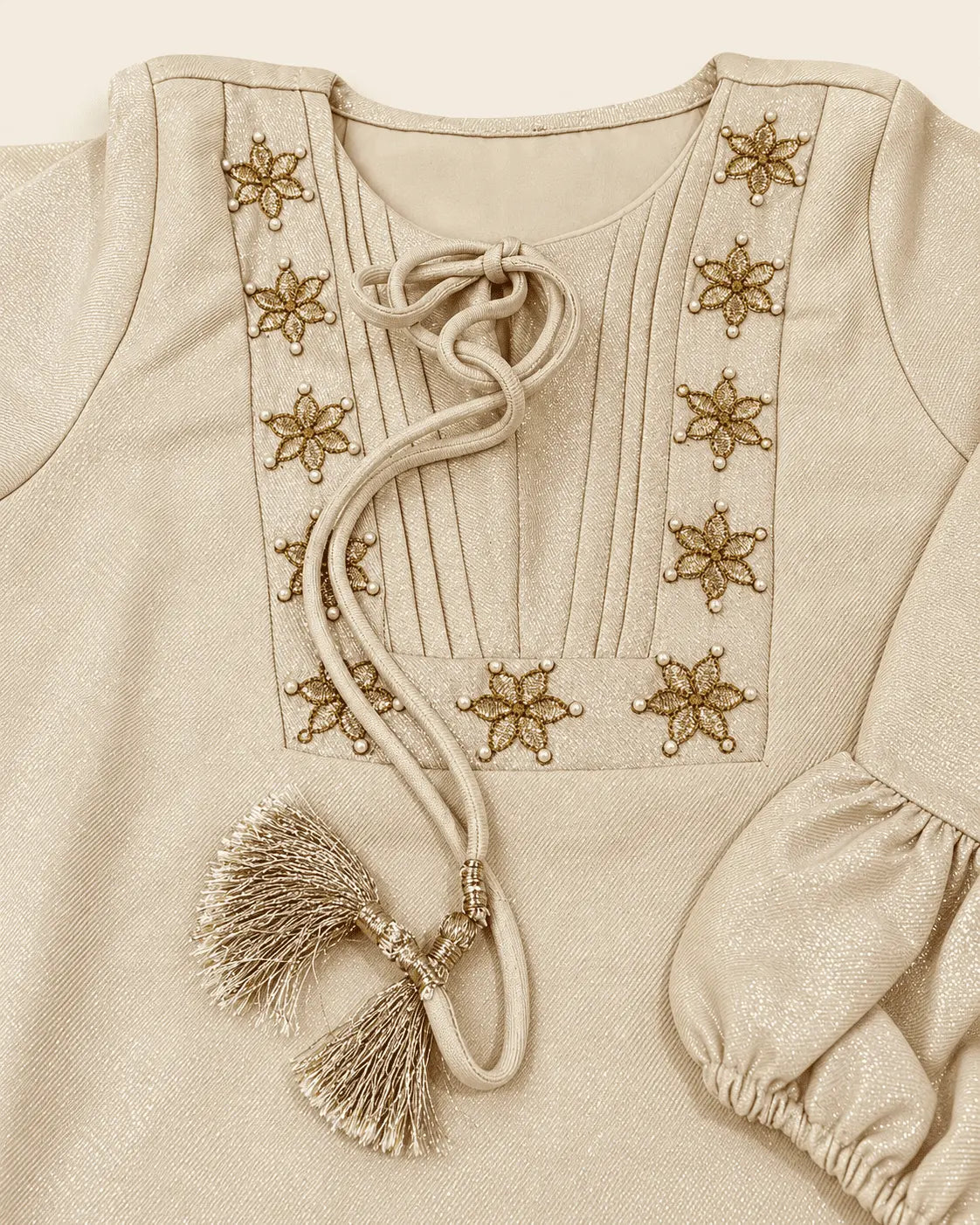 Girls Champagne Gold Tissue Co-ord Set with Embroidered Top & Pants | Kids Festive Ethnic Wear