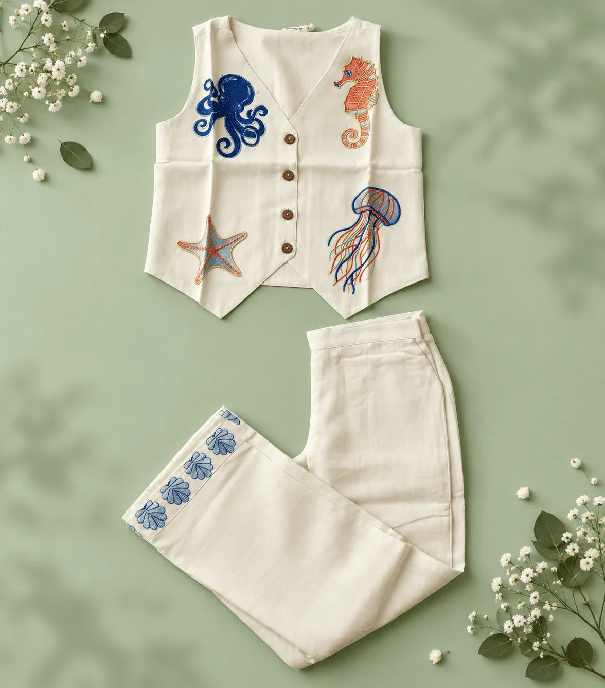 Girls Ivory Sea Life Embroidered Co-Ord Set | Viscose Rayon Sleeveless Top & Wide Leg Pants