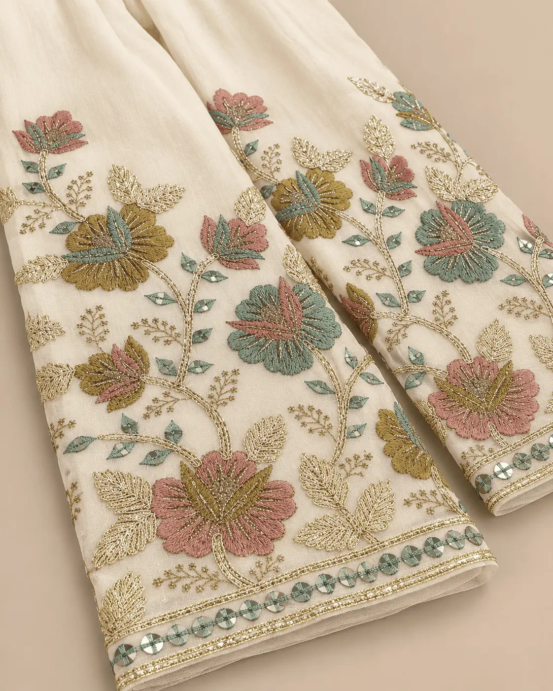 Girls Ivory Floral Embroidered Sharara Set with Dupatta | 3-Piece Kids Ethnic Wear for Wedding, Diwali & Festive Wear