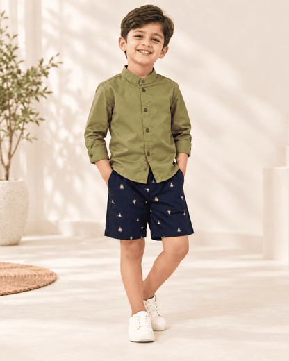 Boys Olive Green Poplin Shirt & Printed Navy Shorts Set | Kids Casual Co-ord Outfit