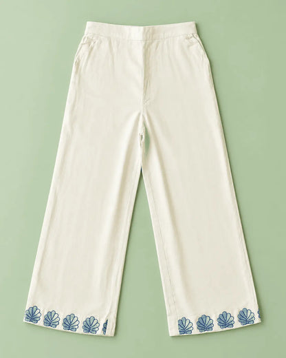 Girls Ivory Sea Life Embroidered Co-Ord Set | Viscose Rayon Sleeveless Top & Wide Leg Pants