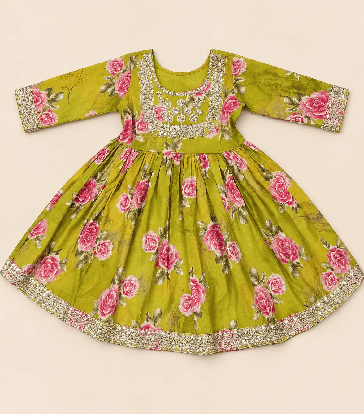 Girls Olive Green Floral Anarkali Set with Palazzo & Dupatta | 3-Piece Kids Ethnic Wear for Diwali, Wedding & Festive Wear