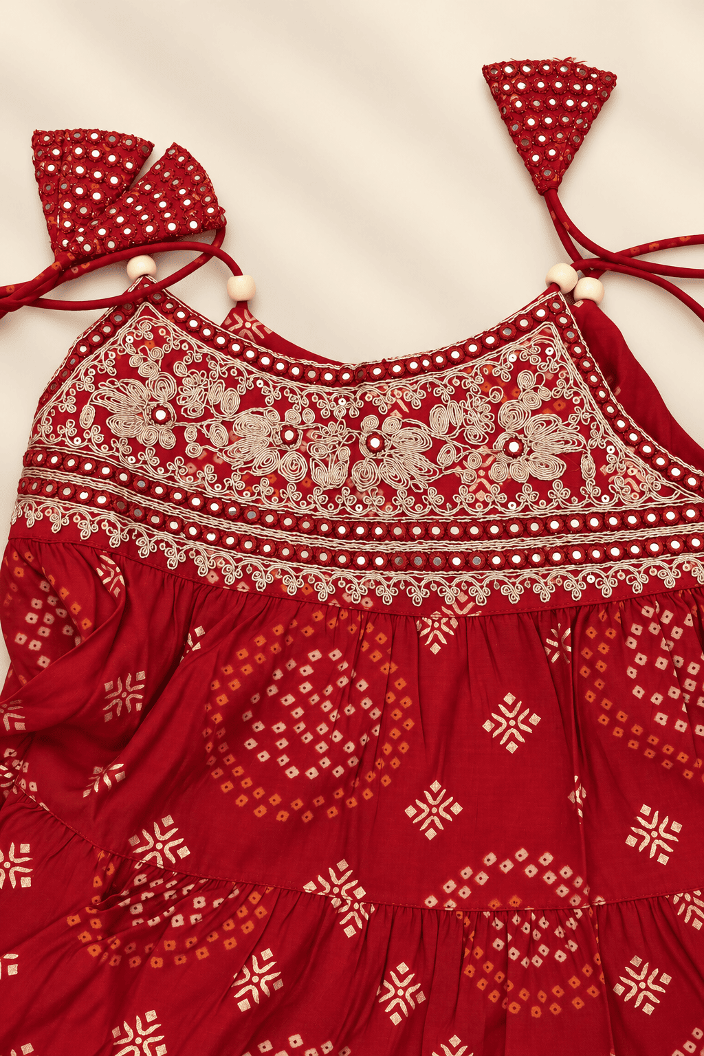 Girls Red Bandhani Embroidered Kurta, Pajama & Dupatta 3-Piece Set | Kids Festive Ethnic Wear