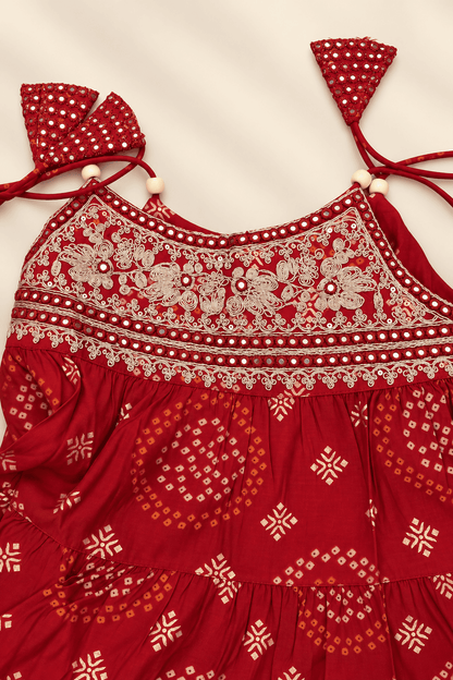 Girls Red Bandhani Embroidered Kurta, Pajama & Dupatta 3-Piece Set | Kids Festive Ethnic Wear