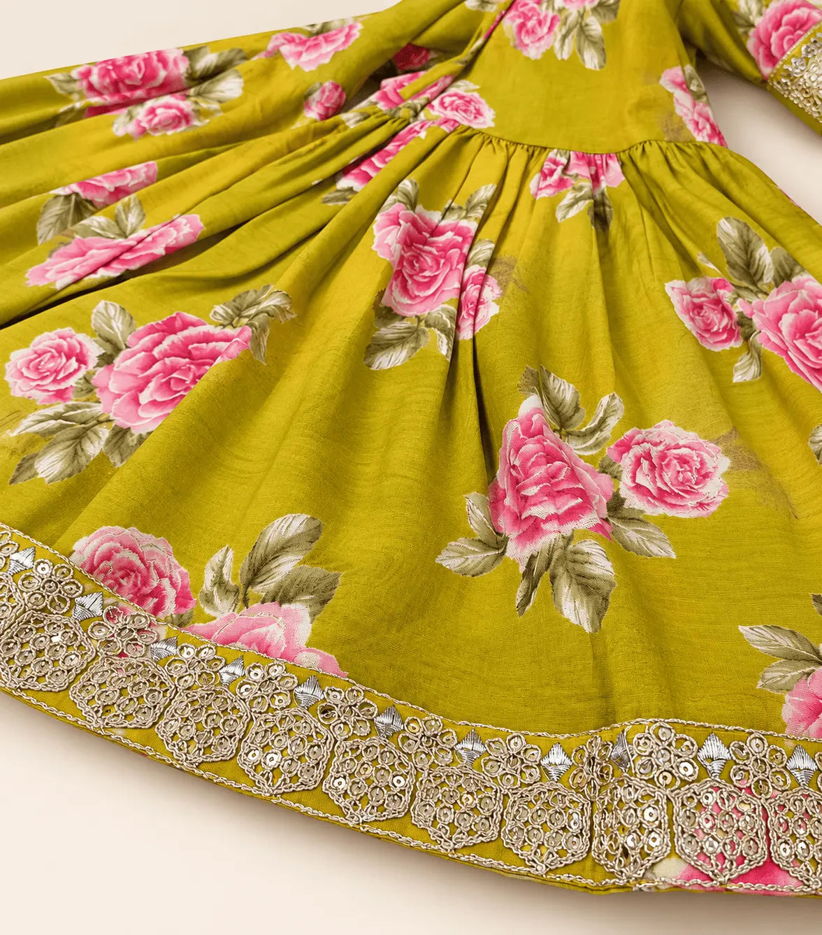 Girls Olive Green Floral Anarkali Set with Palazzo & Dupatta | 3-Piece Kids Ethnic Wear for Diwali, Wedding & Festive Wear