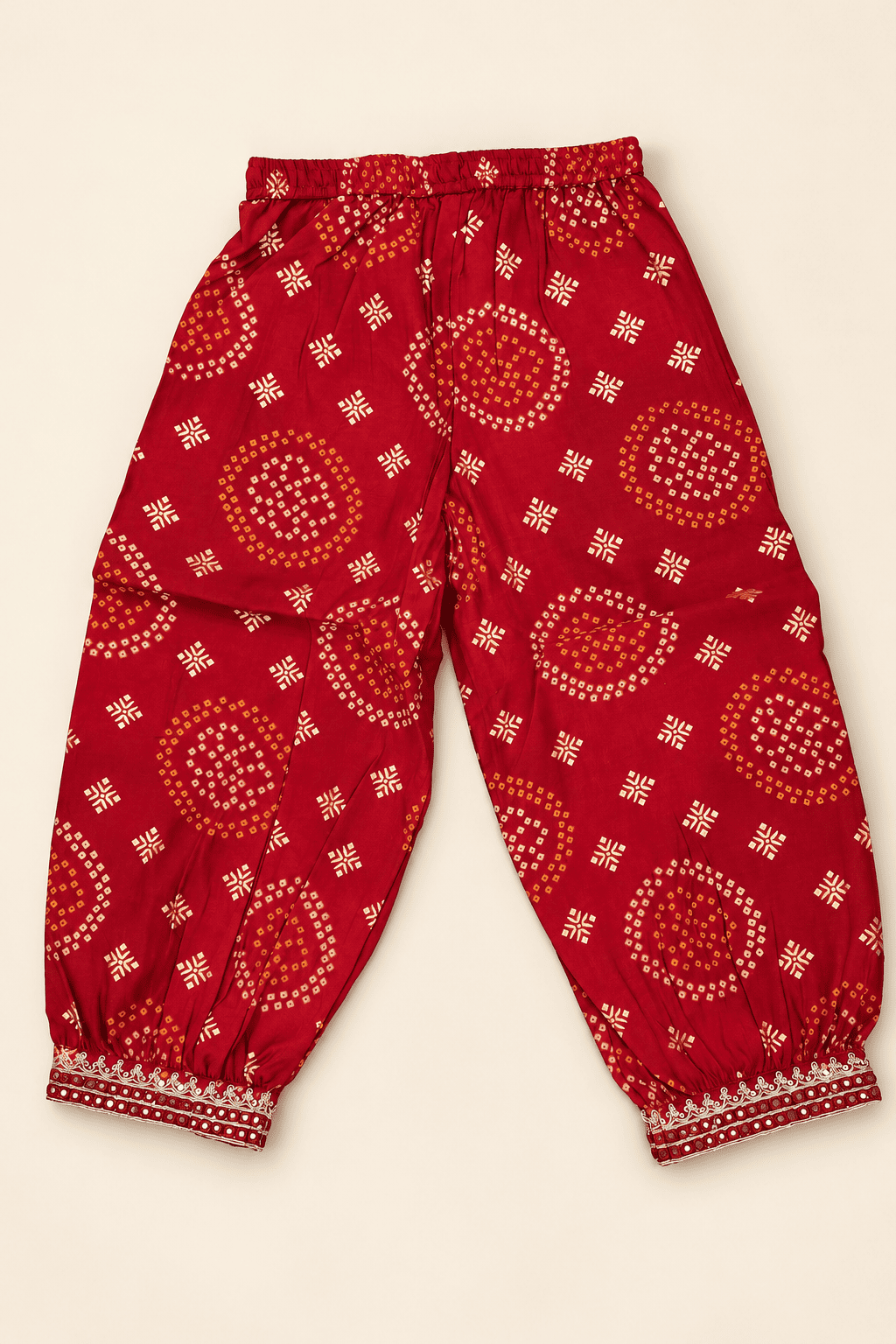 Girls Red Bandhani Embroidered Kurta, Pajama & Dupatta 3-Piece Set | Kids Festive Ethnic Wear