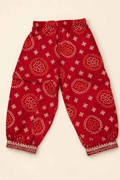 Girls Red Bandhani Embroidered Kurta, Pajama & Dupatta 3-Piece Set | Kids Festive Ethnic Wear