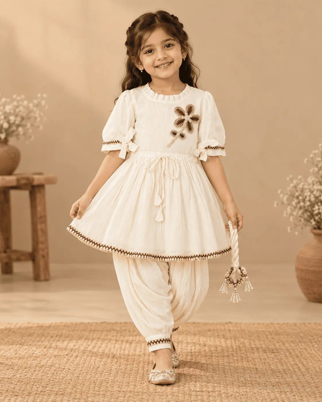 Girls Ivory Floral Embroidered Kurti, Dhoti Pants & Dupatta 3-Piece Set | Kids Ethnic Wear
