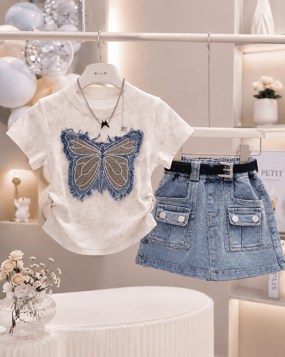 Bow Embroidered Top And Denim Skirt Set