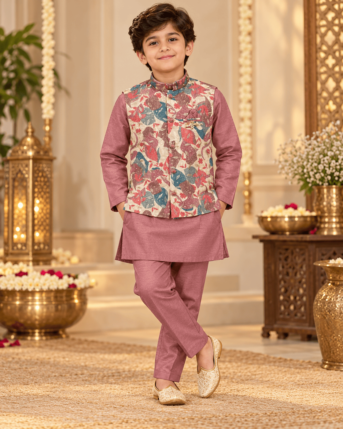 Boys Dusty Rose Kurta Pajama Set with Floral Jacket | Kids Wedding & Festive Wear