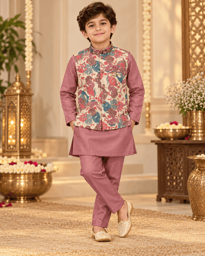 Boys Dusty Rose Kurta Pajama Set with Floral Jacket | Kids Wedding & Festive Wear