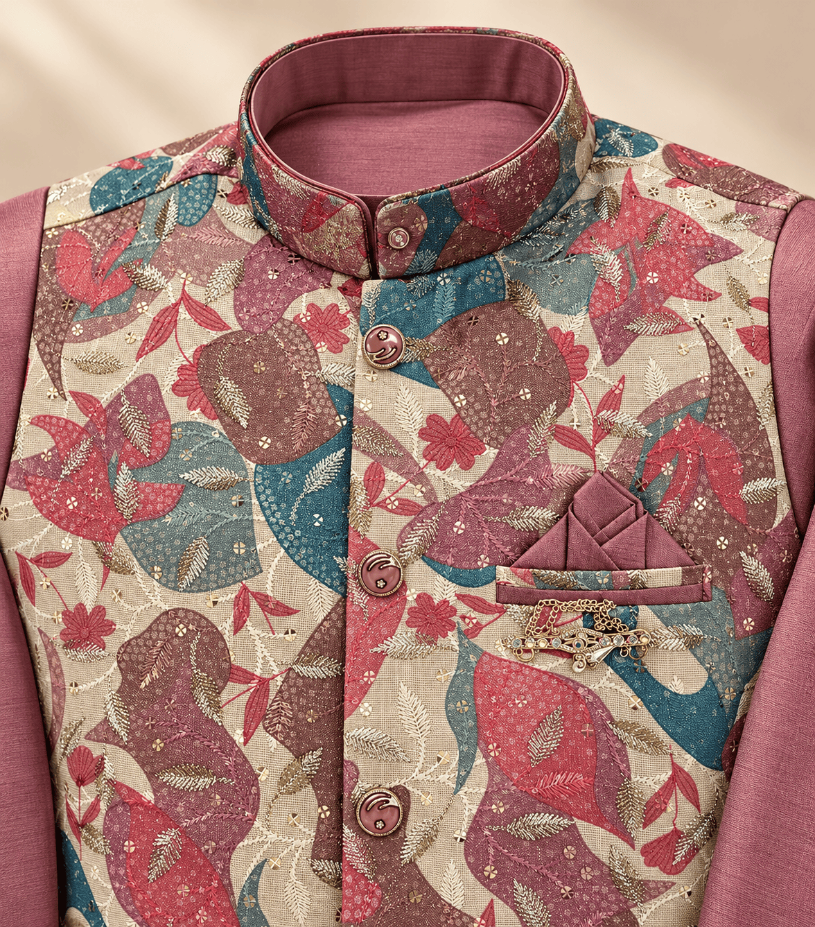 Boys Dusty Rose Kurta Pajama Set with Floral Jacket | Kids Wedding & Festive Wear
