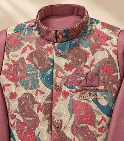 Boys Dusty Rose Kurta Pajama Set with Floral Jacket | Kids Wedding & Festive Wear