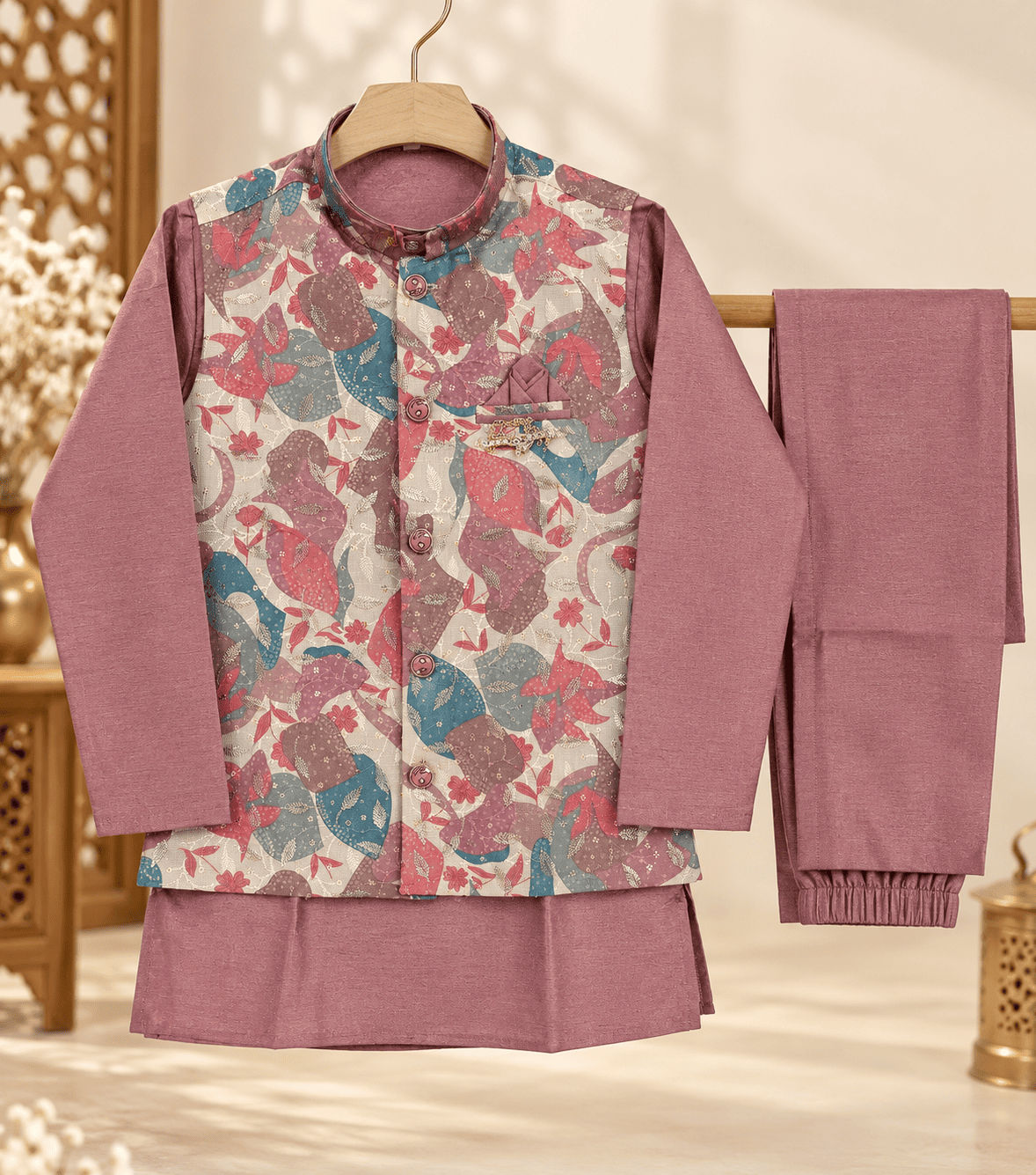Boys Dusty Rose Kurta Pajama Set with Floral Jacket | Kids Wedding & Festive Wear