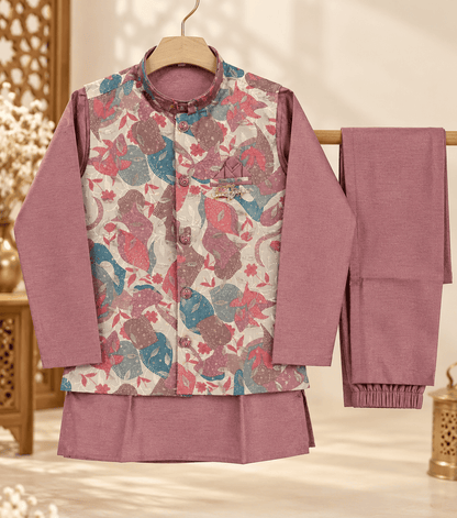 Boys Dusty Rose Kurta Pajama Set with Floral Jacket | Kids Wedding & Festive Wear