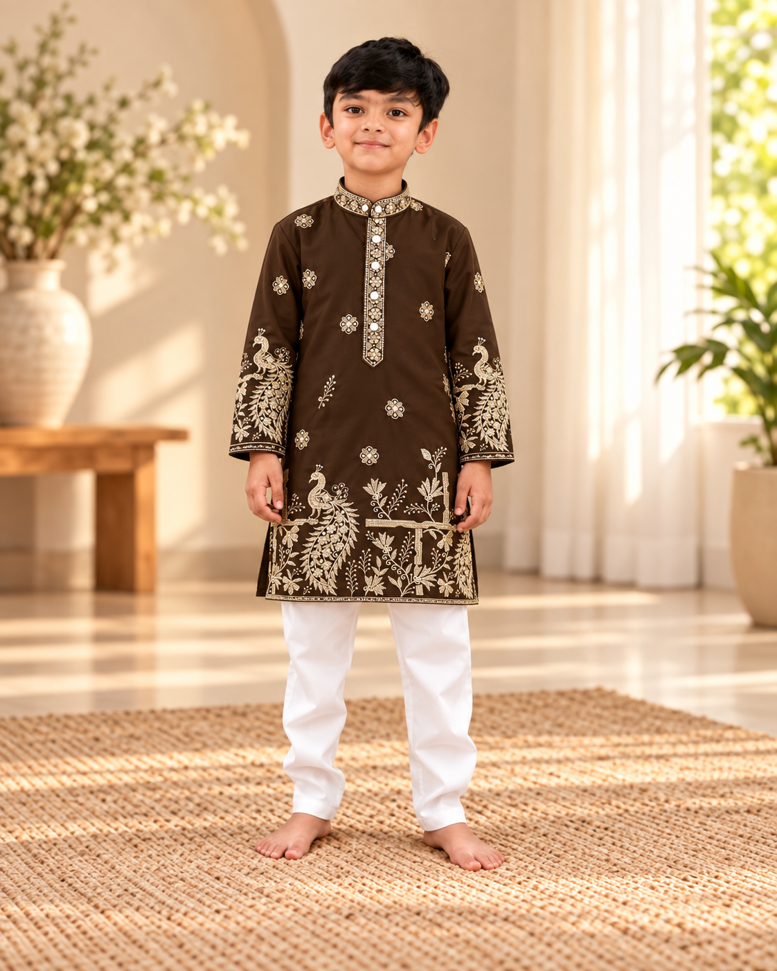 Royal Peacock Embroidered Brown Kurta Pajama Set for Boys