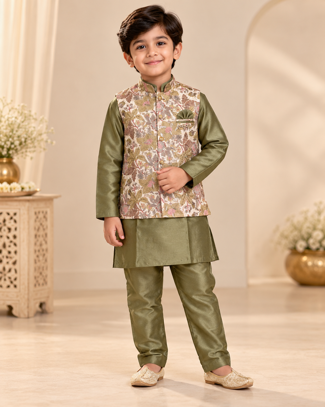 Boys Olive Green Floral Brocade Kurta Pajama Set with Jacket
