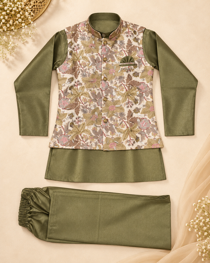 Boys Olive Green Floral Brocade Kurta Pajama Set with Jacket