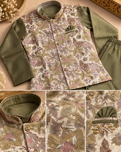 Boys Olive Green Floral Brocade Kurta Pajama Set with Jacket