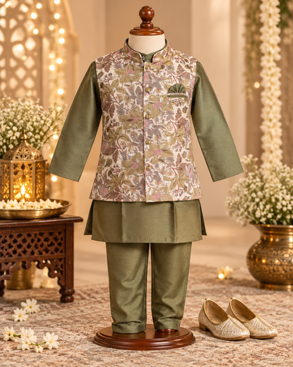 Boys Olive Green Floral Brocade Kurta Pajama Set with Jacket