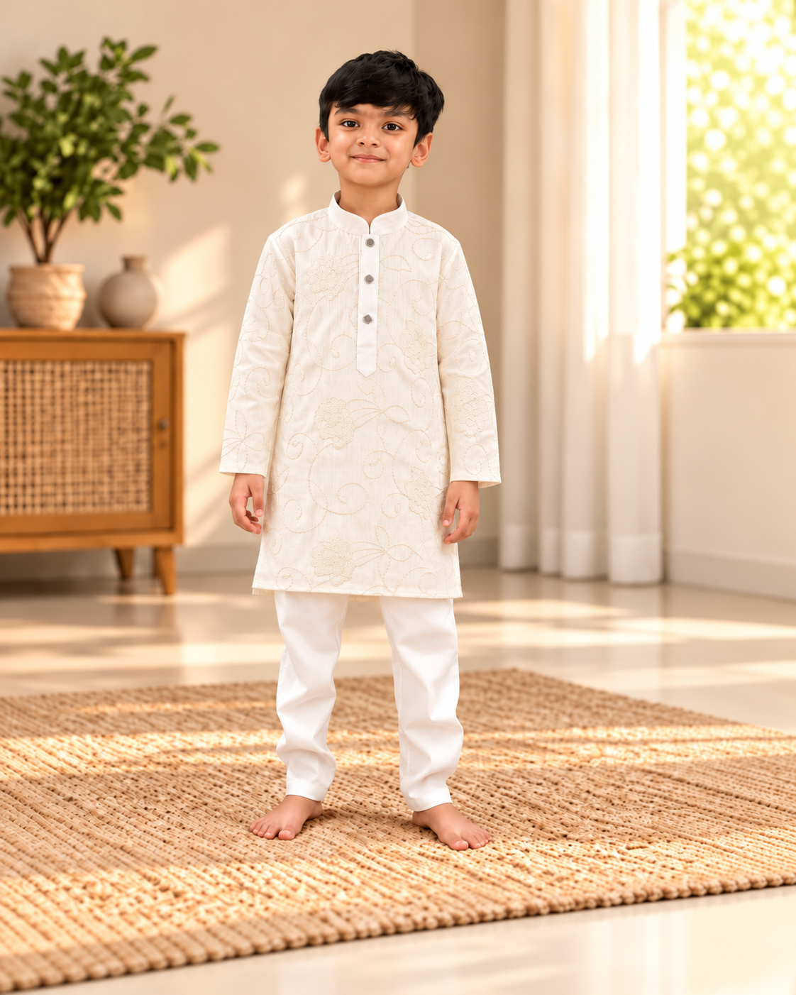 Ivory Noor Floral Embroidered Kurta Pajama Set for Boys