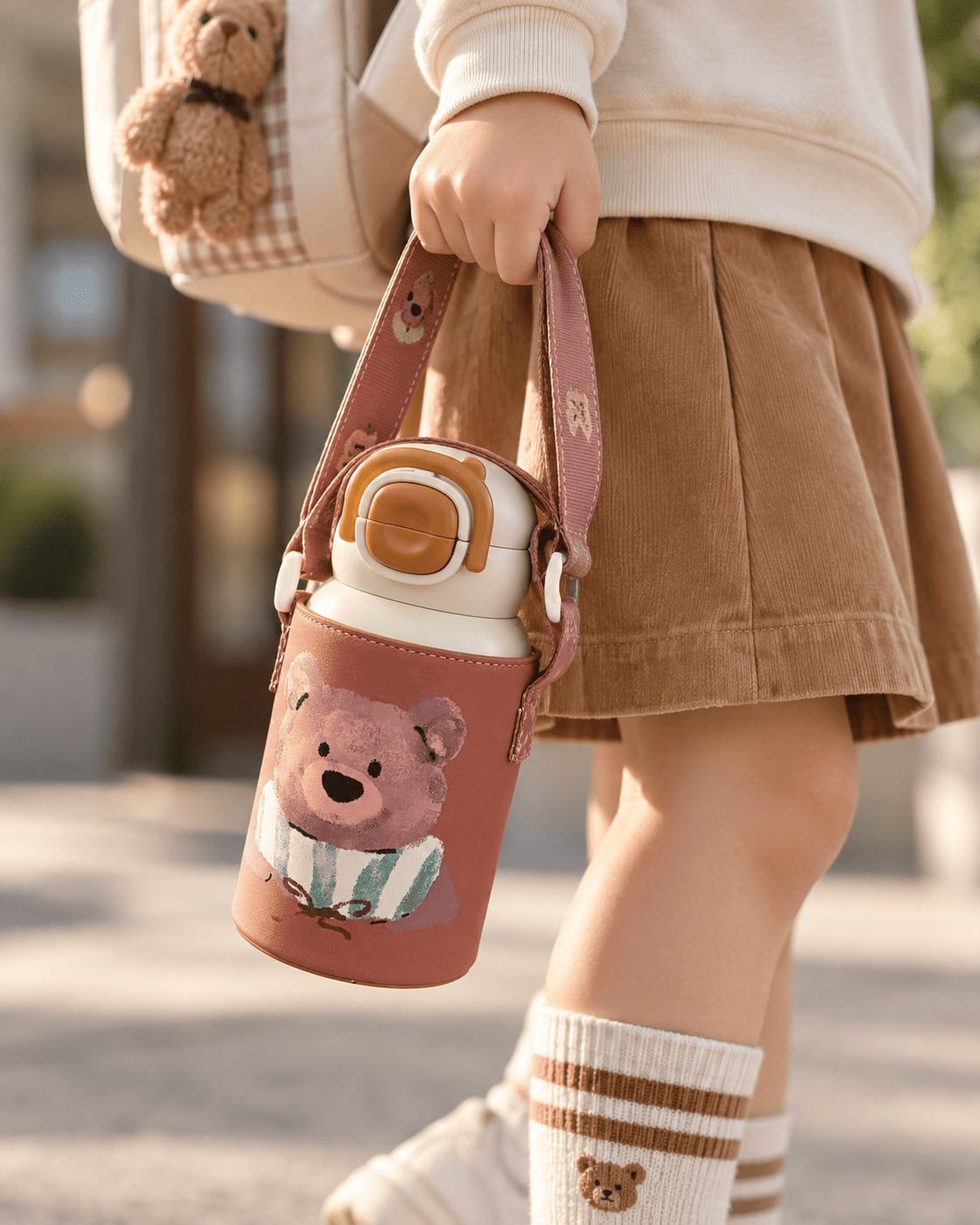 A child holds a pink water bottle with a cute teddy bear design and a matching shoulder strap. The child is wearing a cream sweatshirt, a brown corduroy skirt, and striped socks, with a matching backpack visible in the background.