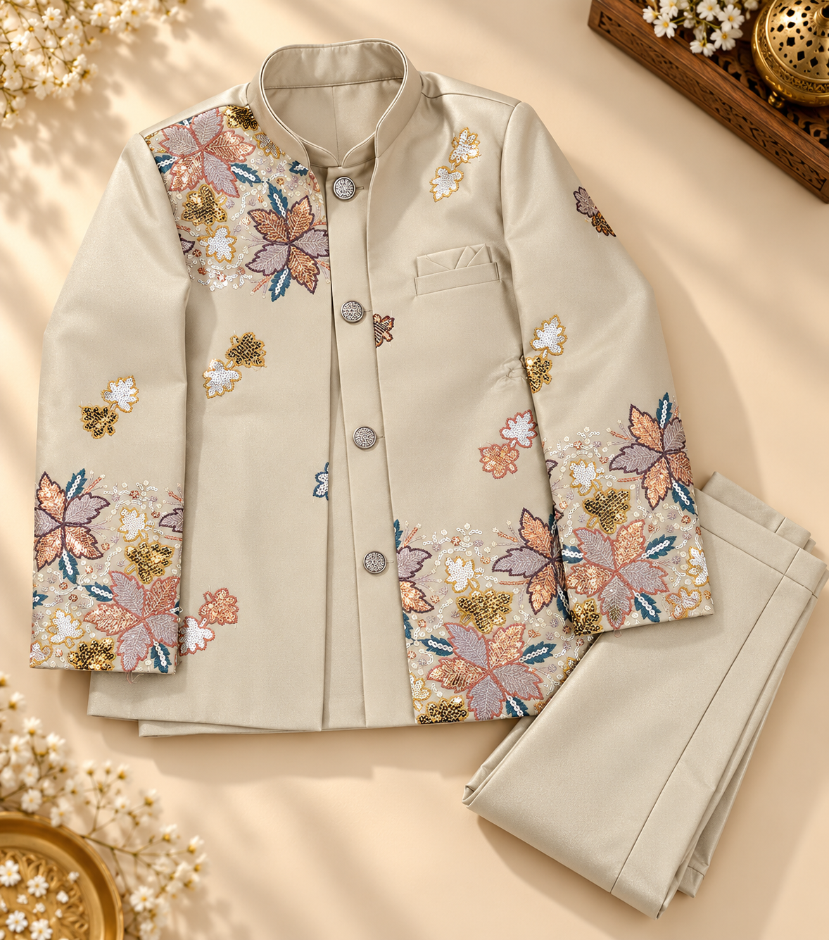 Boys Beige Floral Sherwani Set with Matching Pants | Kids Festive & Wedding Wear