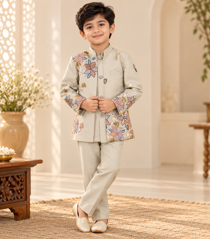 Boys Beige Floral Sherwani Set with Matching Pants | Kids Festive & Wedding Wear
