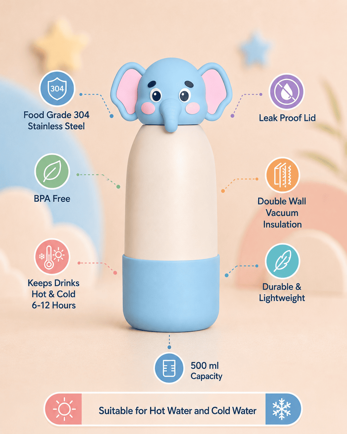 Mizzy elephant water bottle for kids 500ml