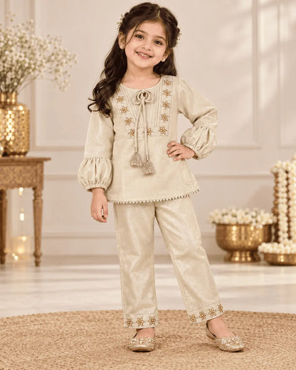 Girls Champagne Gold Tissue Co-ord Set with Embroidered Top & Pants | Kids Festive Ethnic Wear