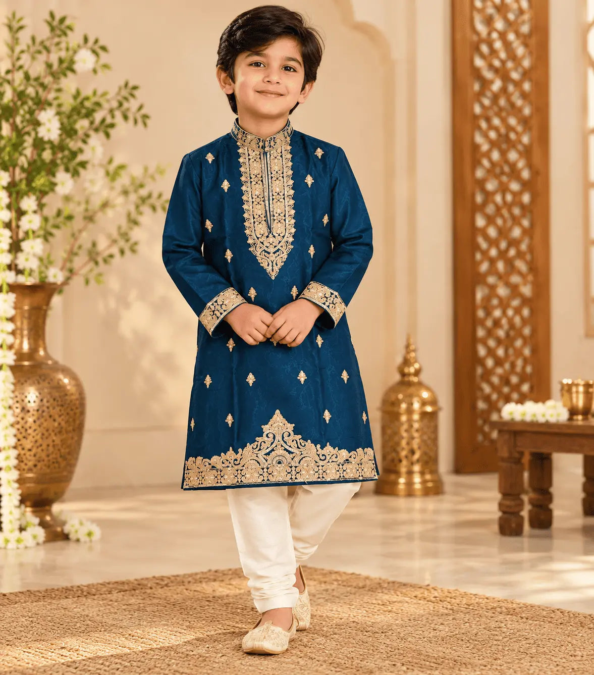Boys Teal Blue Banarasi Silk Embroidered Kurta Pajama Set | Kids Ethnic Wedding & Festive Wear