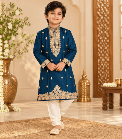 Boys Teal Blue Banarasi Silk Embroidered Kurta Pajama Set | Kids Ethnic Wedding & Festive Wear