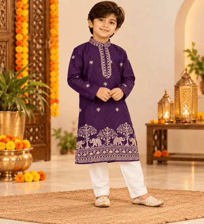 Boys Royal Purple Crush Silk Embroidered Kurta Pajama Set | Elephant Border Festive Ethnic Wear for Kids