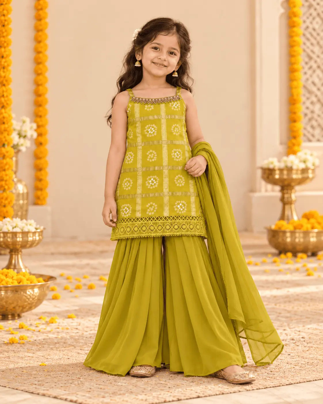 Girls Mustard Green Bandhani Sharara Set with Dupatta & Blouse | 4-Piece Kids Ethnic Wear for Diwali, Wedding & Festive Wear