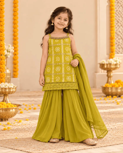 Girls Mustard Green Bandhani Sharara Set with Dupatta & Blouse | 4-Piece Kids Ethnic Wear for Diwali, Wedding & Festive Wear