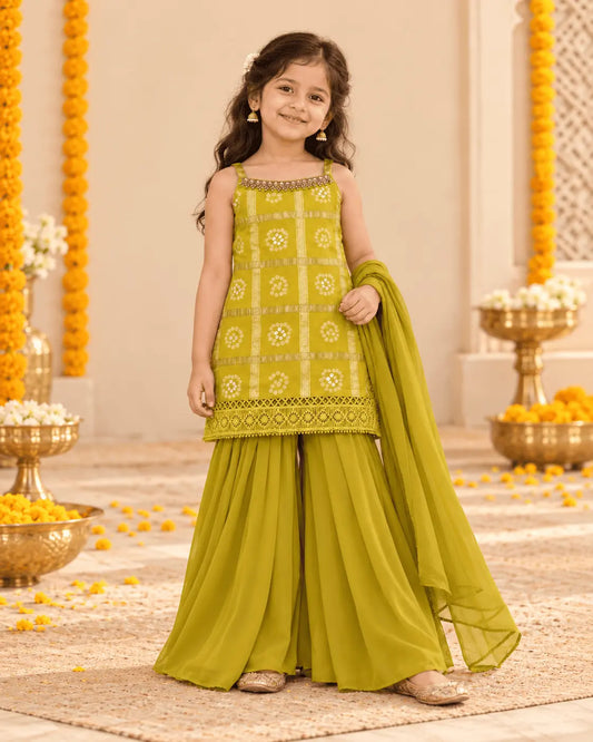 Girls Mustard Green Bandhani Sharara Set with Dupatta & Blouse | 4-Piece Kids Ethnic Wear for Diwali, Wedding & Festive Wear
