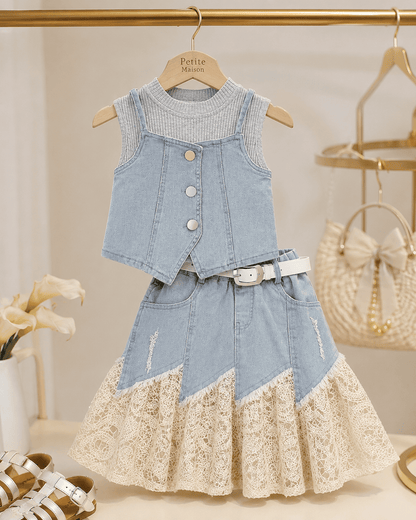 Floral Top And Denim Skirt Three-Piece Set