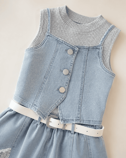 Floral Top And Denim Skirt Three-Piece Set