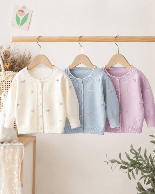 Girls Bow Jacquard Knit Puff Sleeve Cardigan