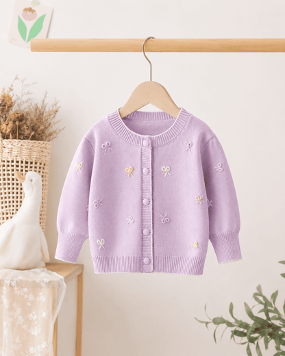 Girls Bow Jacquard Knit Puff Sleeve Cardigan