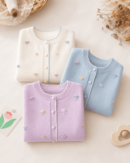 Girls Bow Jacquard Knit Puff Sleeve Cardigan