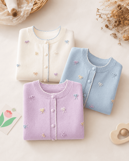 Girls Bow Jacquard Knit Puff Sleeve Cardigan