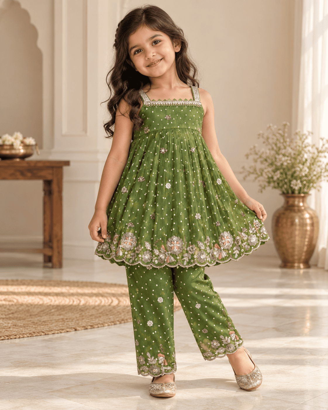 Girls Olive Green Tissue Silk Kurti Pant Set